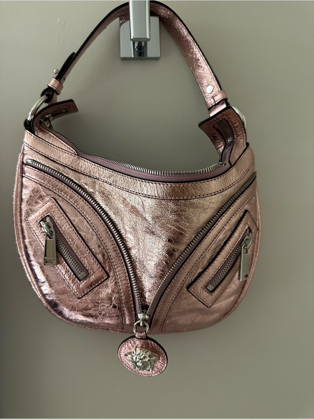 Versace Metallic Rose Gold Shoulder Hobo Bag